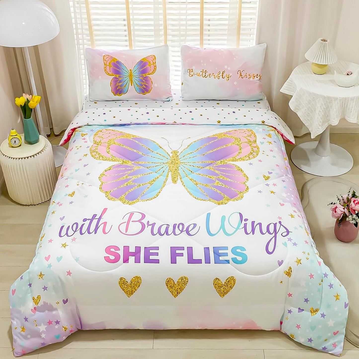 Cokouchyi Twin Size Comforter Set for Girls, 5-Piece Bed Set