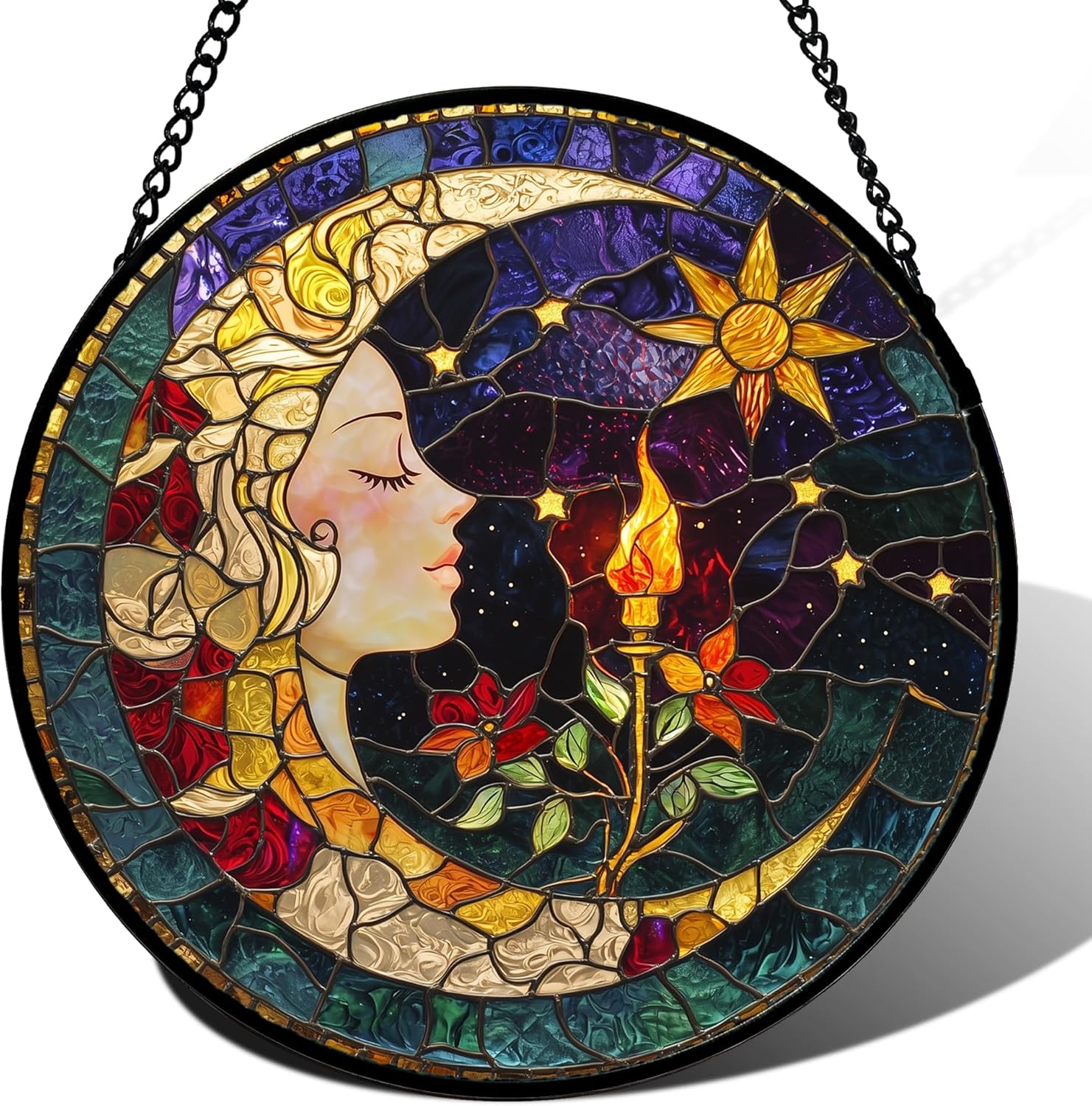 Stained Glass Window Hanging Moon Goddess Torch Suncatcher Decor
