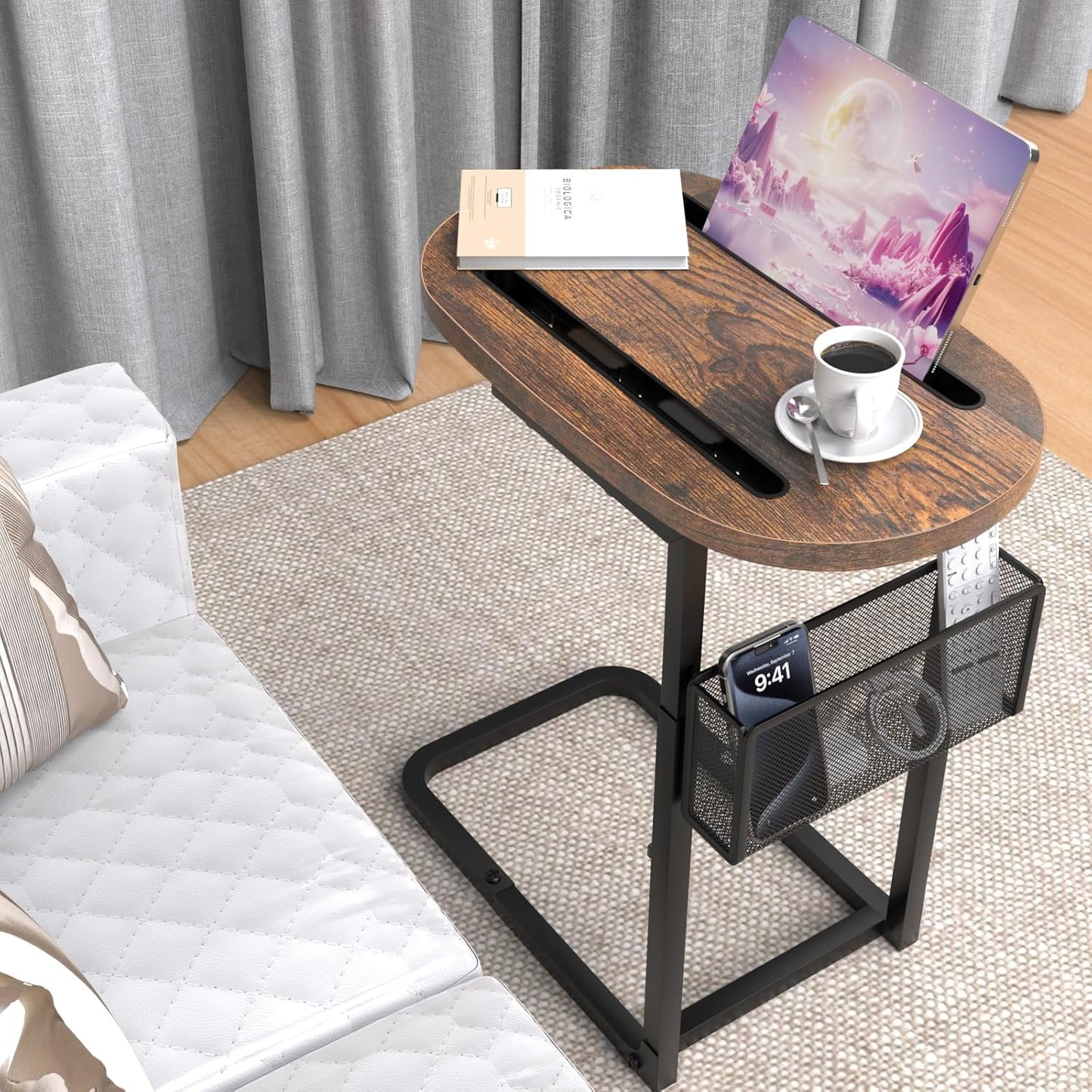 Couch Arm Table with Adjustable Height and Storage Baskets
