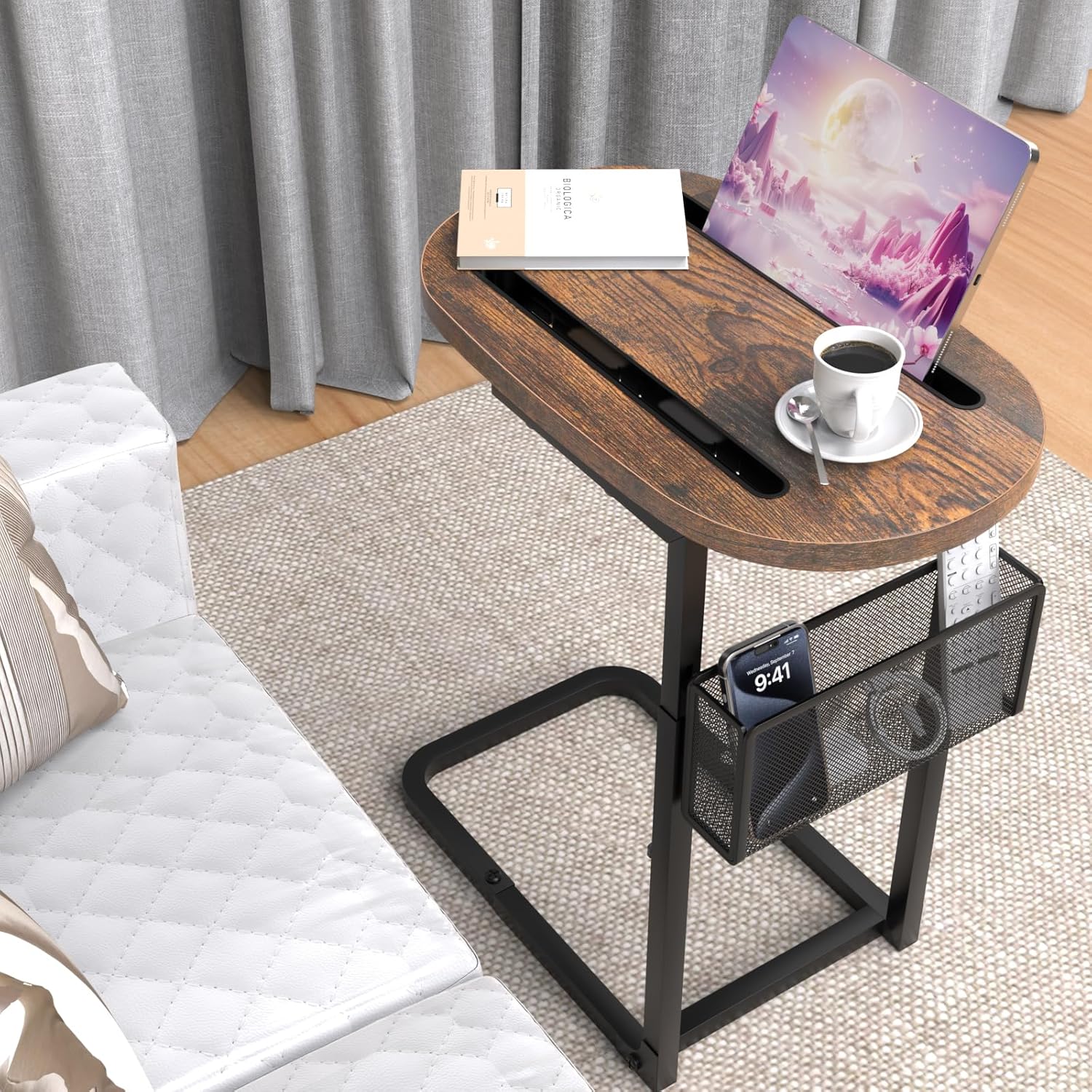 Couch Arm Table with Adjustable Height and Storage Baskets