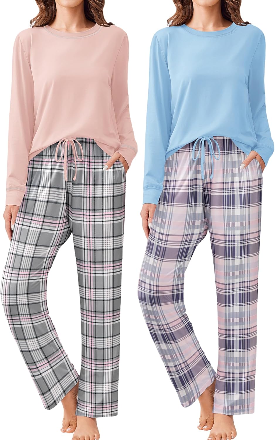 Ekouaer 2 Pack Women Pajama Long Sleeve Sleepwear Sets with Pockets