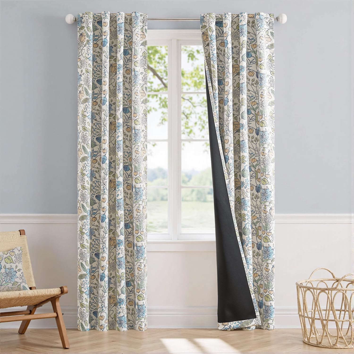 Vangao Blue Nursery Curtains for Kids Room Floral Blackout Drapes