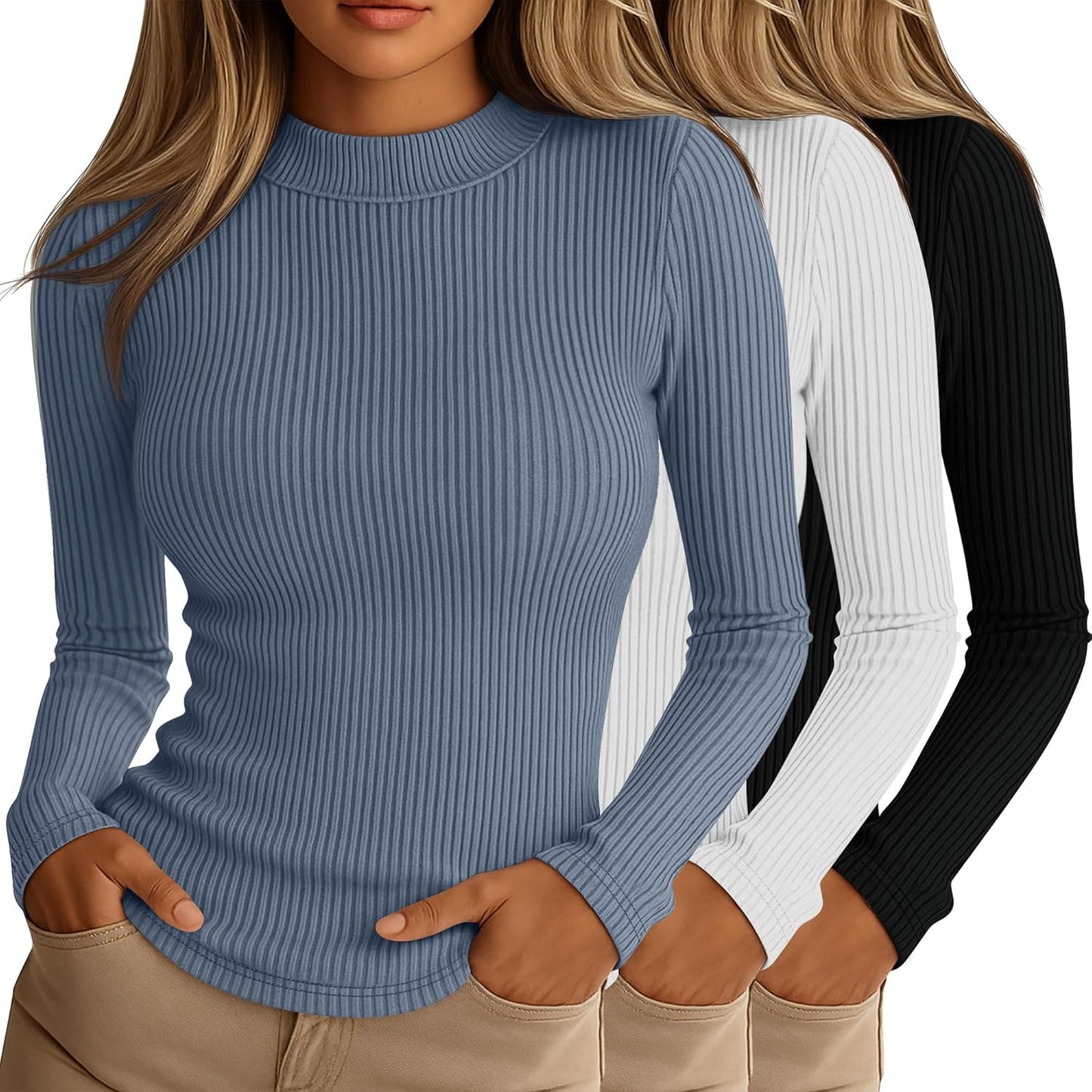 Riyiper Women's Ribbed Mock Turtleneck Long Sleeve Tops