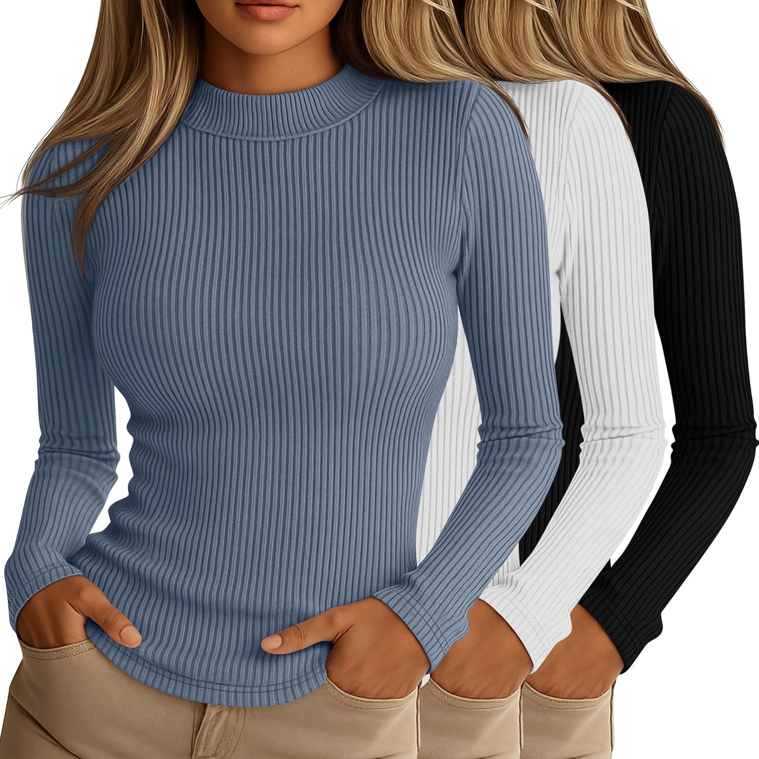Riyiper Women's Ribbed Mock Turtleneck Long Sleeve Tops