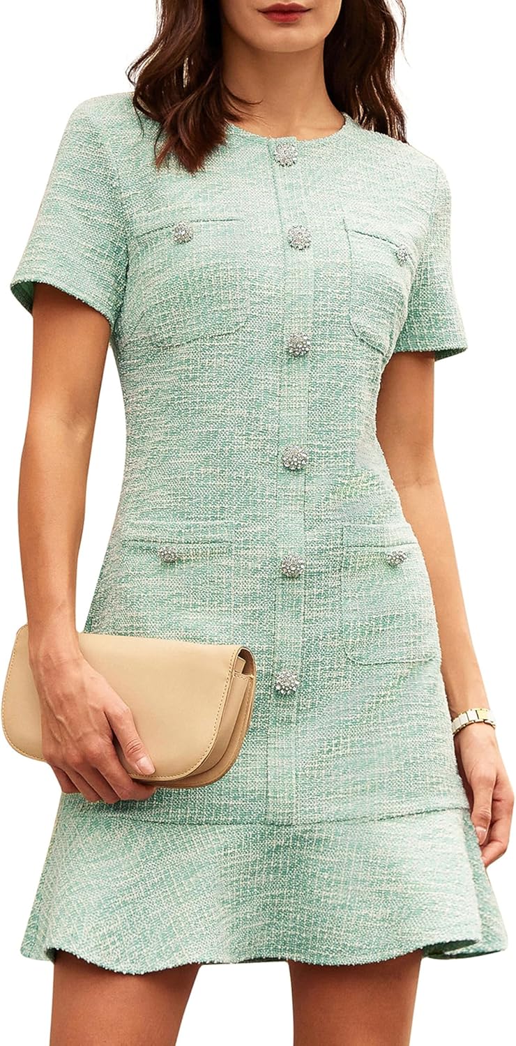 Womens Tweed Dress 2024 Fall Short Sleeve Bodycon Mini Dress