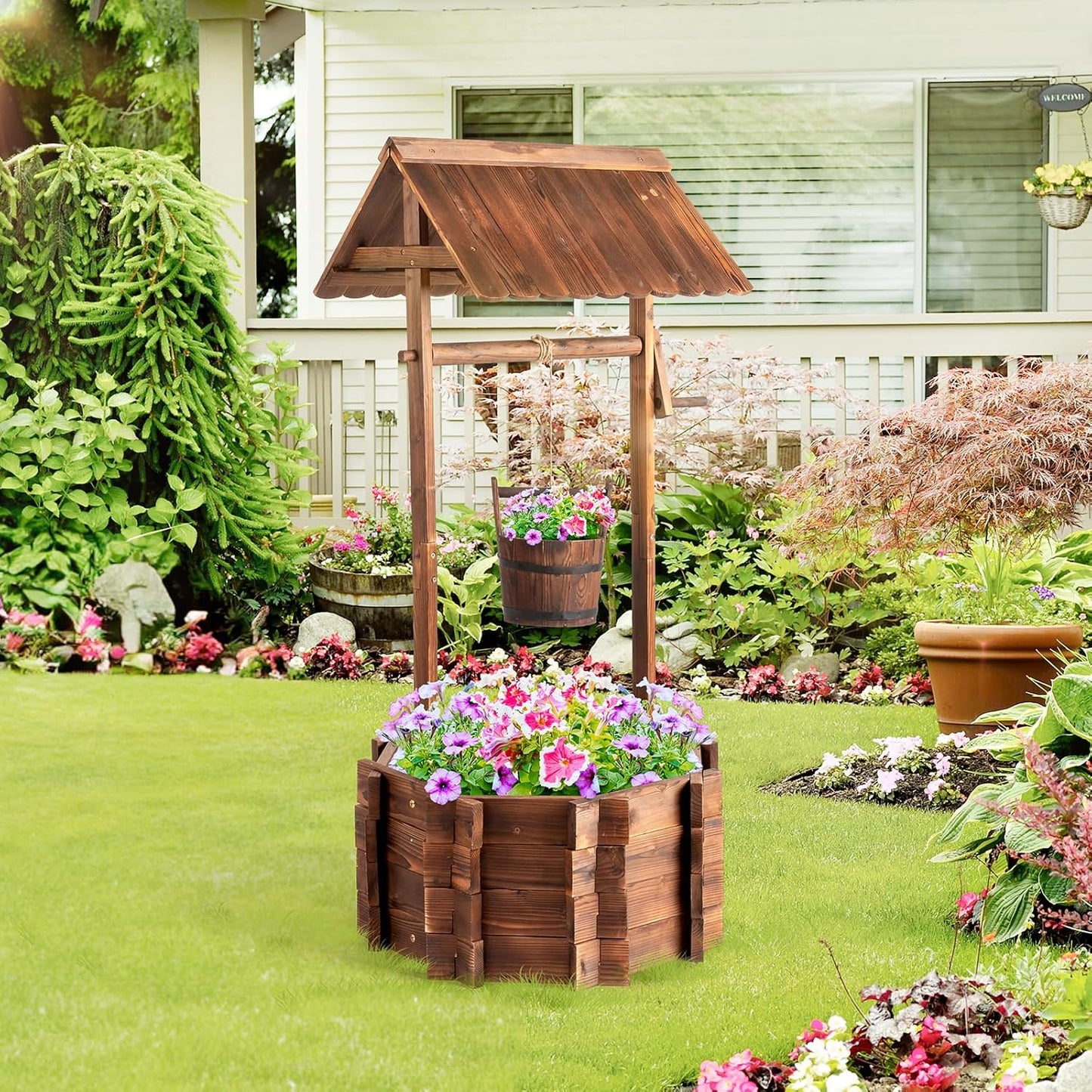 VINGLI Wooden Wishing Well Outdoor Planters for Rustic Decor
