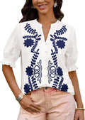 Women V Neck Embroidered Floral Puff Sleeve Shirt - Casual Boho Top