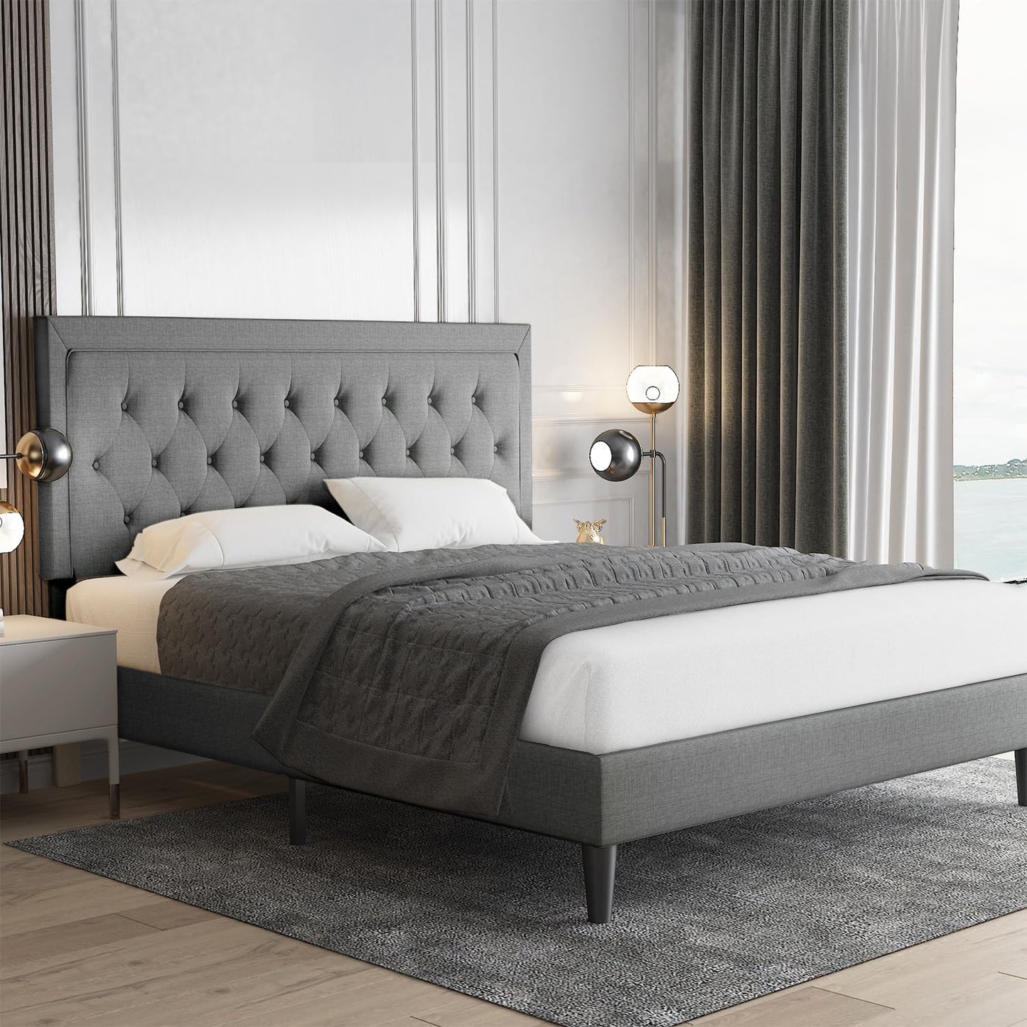 Allewie Queen Size Upholstered Platform Bed Frame with Headboard