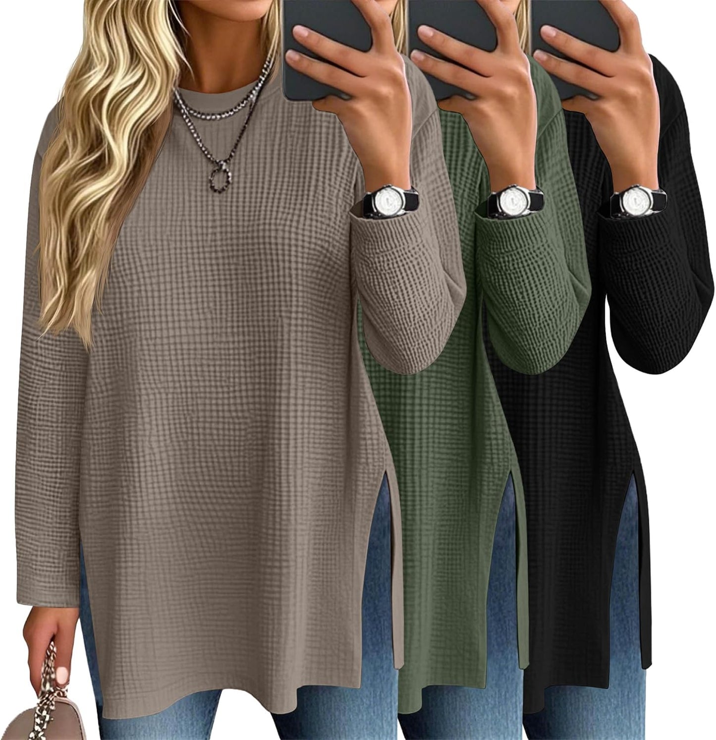 3 Pack Women's Waffle Knit Long Sleeve Tops for Casual Style