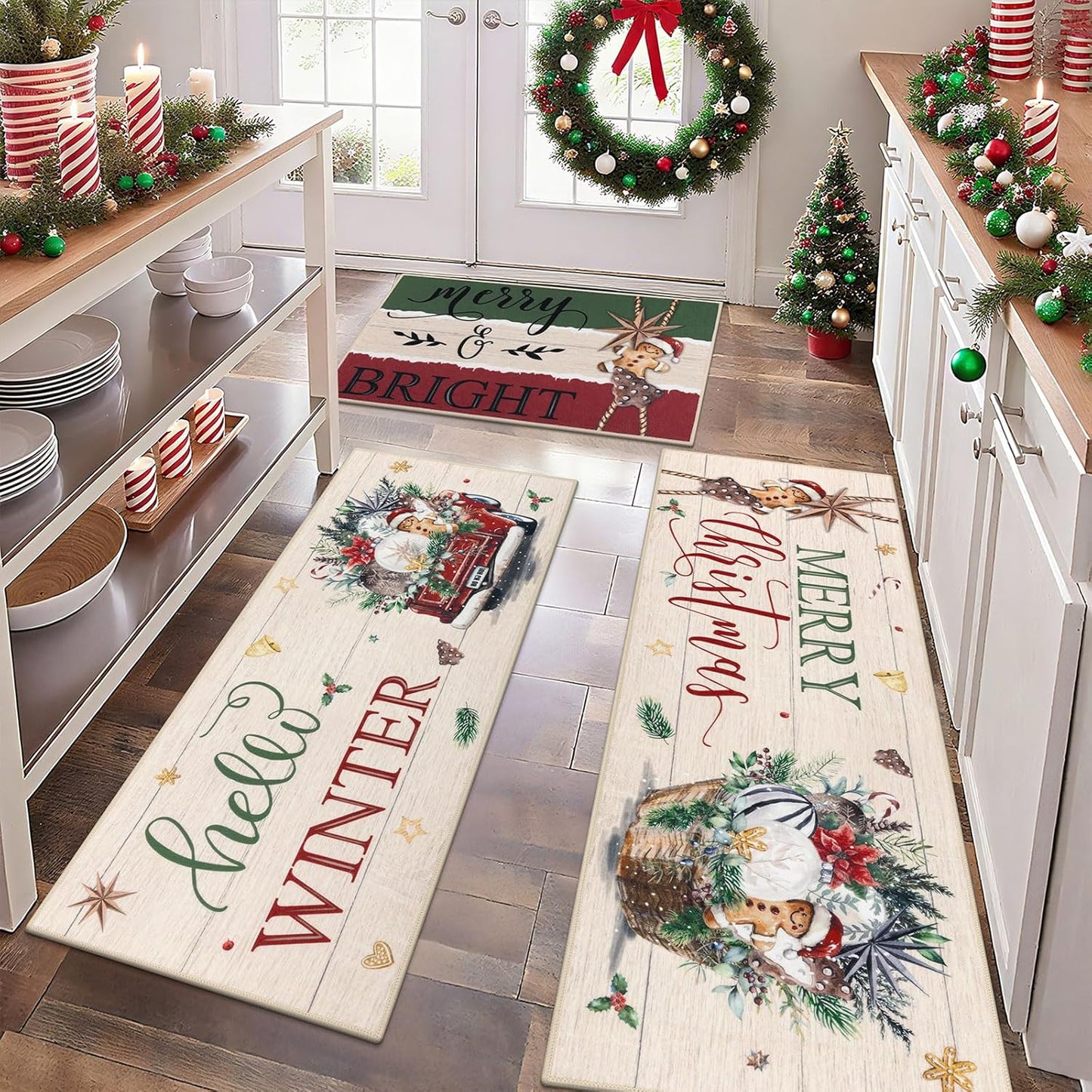 Ileading Christmas Kitchen Rugs Set of 3 for Festive Decor