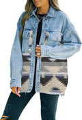 Aztec Denim Jacket Distressed Lapel Long Sleeve Shacket - Stylish