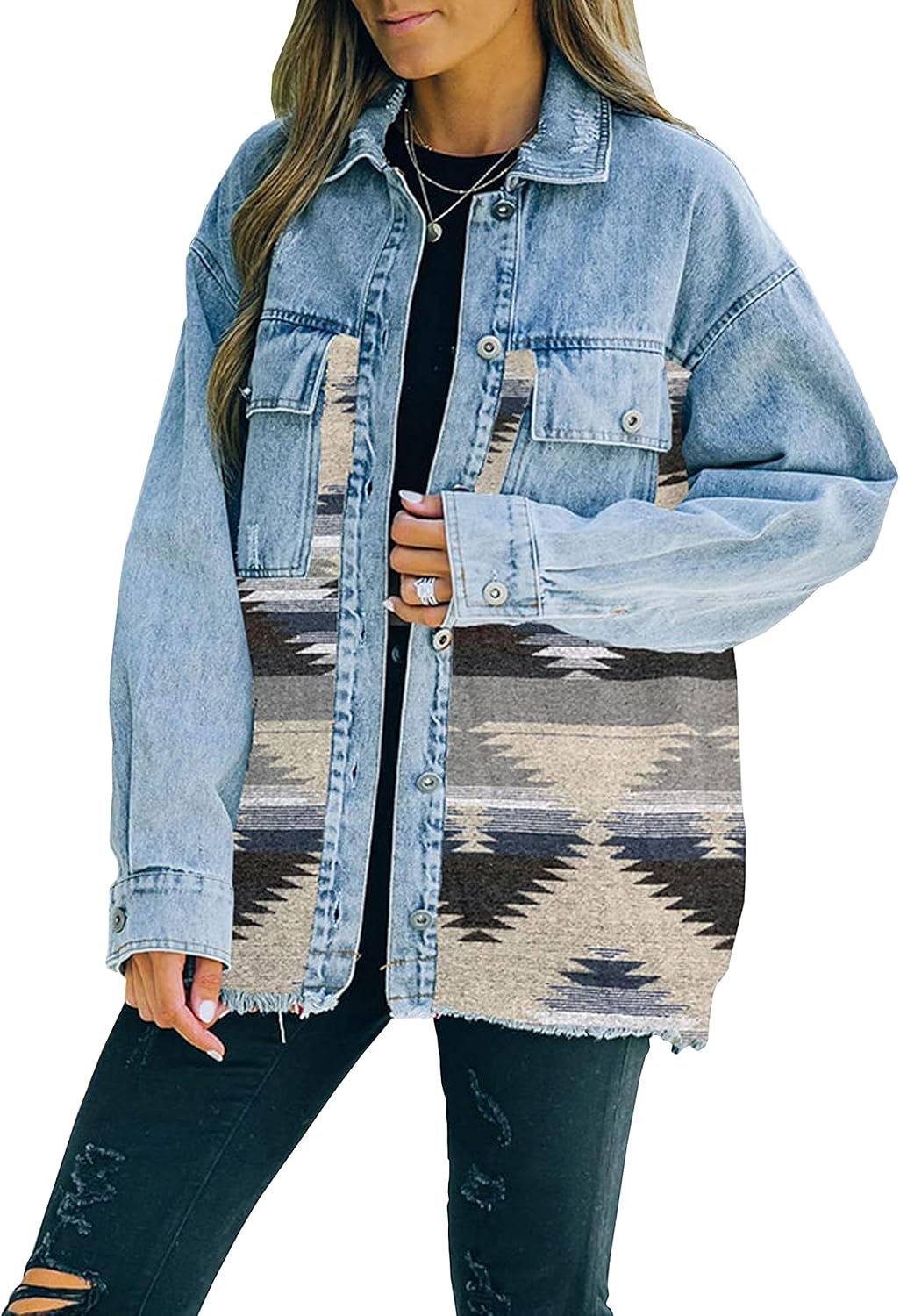 Lumister Women's Aztec Denim Jacket for Vintage Style Lovers
