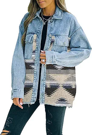 Lumister Women's Aztec Denim Jacket Distressed Vintage Style Shacket