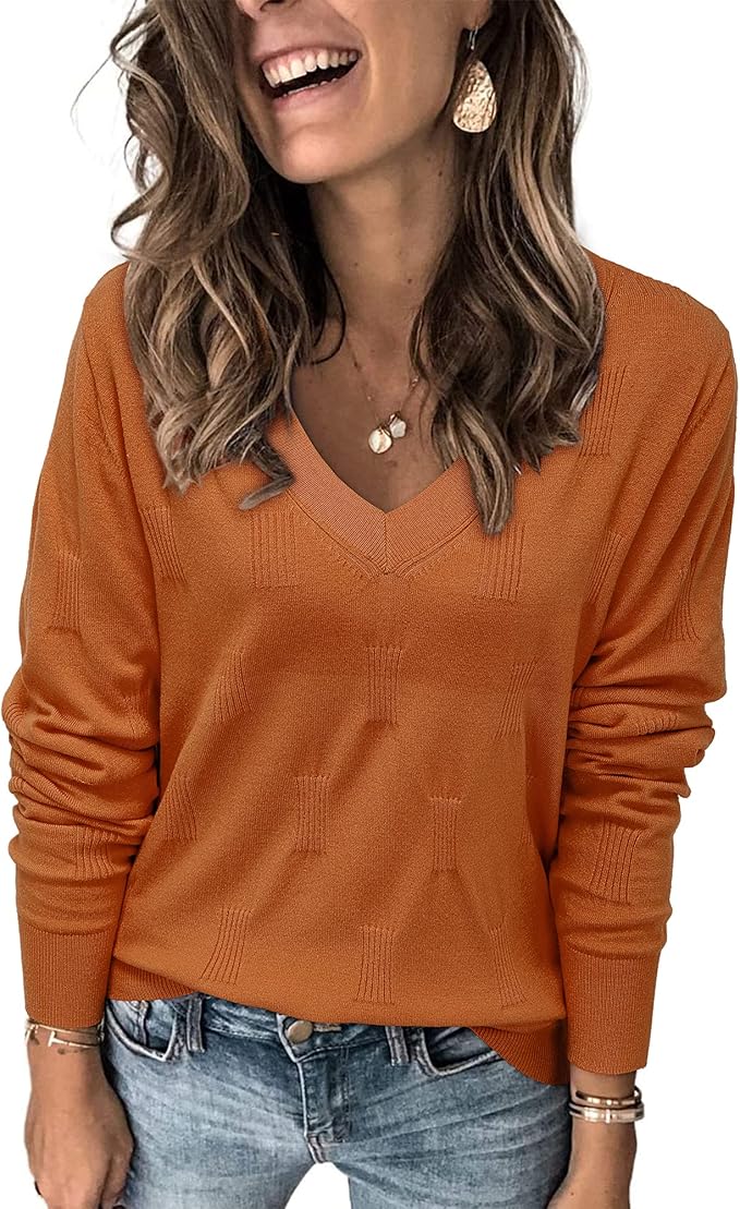 Arach&Cloz Women's Fall Fashion V Neck Long Sleeve Pullover Sweater