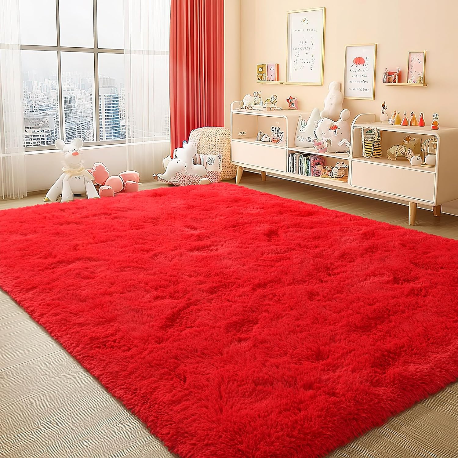 BENRON Fluffy Rugs for Living Room 5x8 Red, Washable Area Rugs