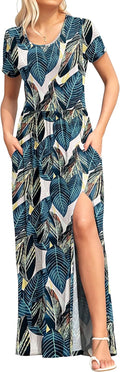 Women Short Sleeve Loose Plain Long Maxi Dress with Side Split