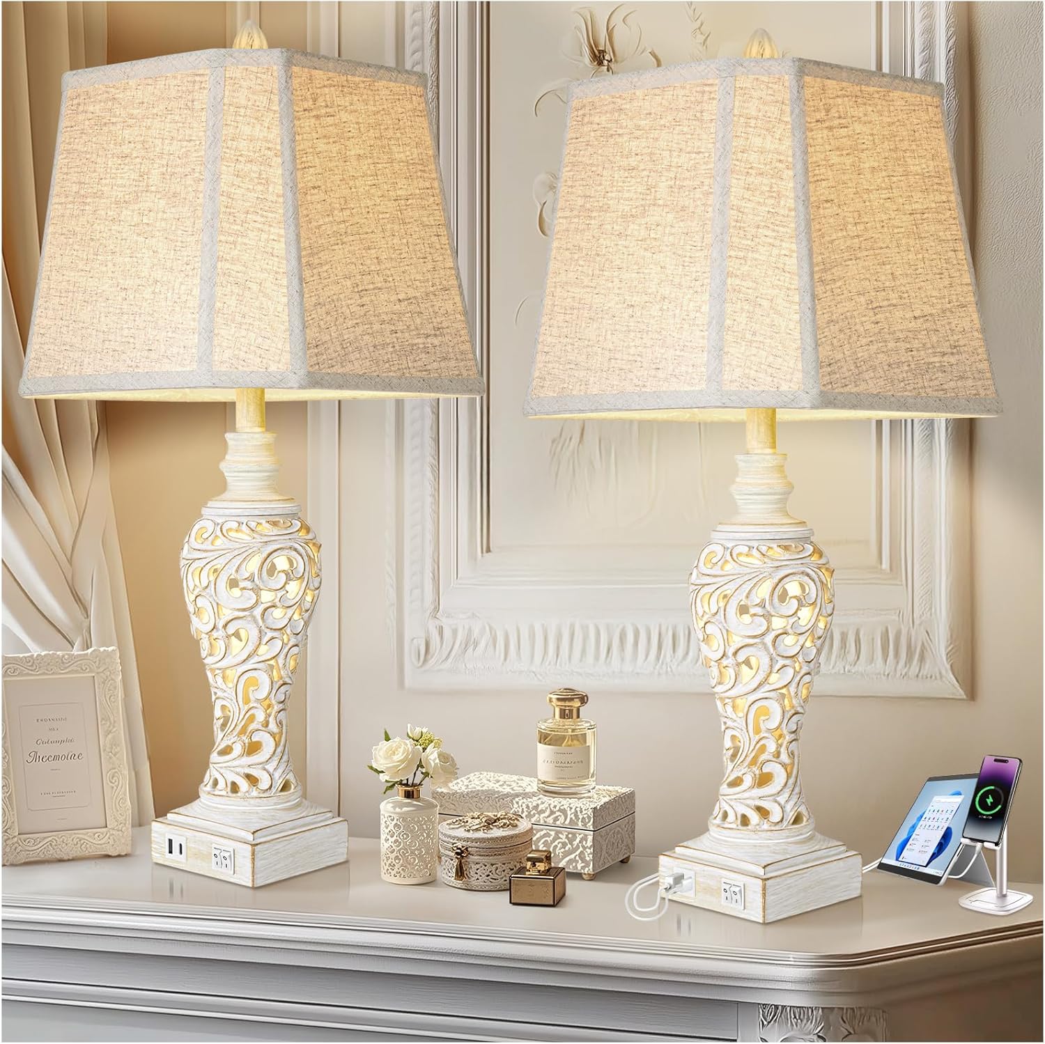 Vintage Table Lamps Set of 2 with USB Ports for Nightstand Use