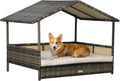 Wicker Dog House Outdoor with Canopy - Raised Rattan Bed for Dogs