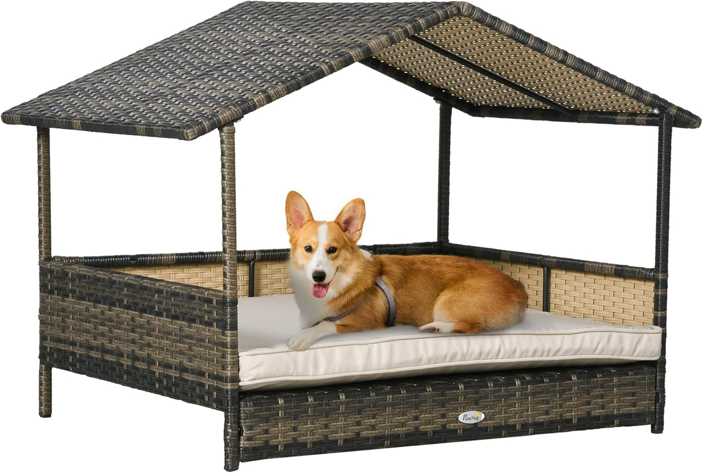 PawHut Wicker Dog House Outdoor with Canopy for Small Breeds