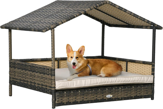 PawHut Wicker Dog House Outdoor with Canopy for Small Breeds