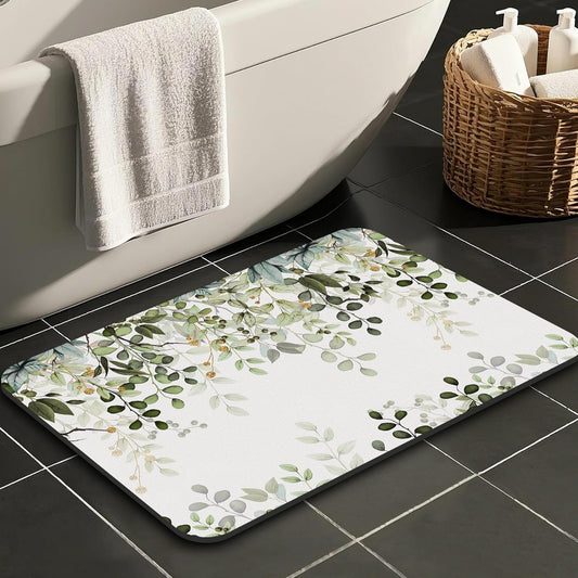 Sage Green Eucalyptus Watercolor Leaves Non Slip Bathroom Rugs