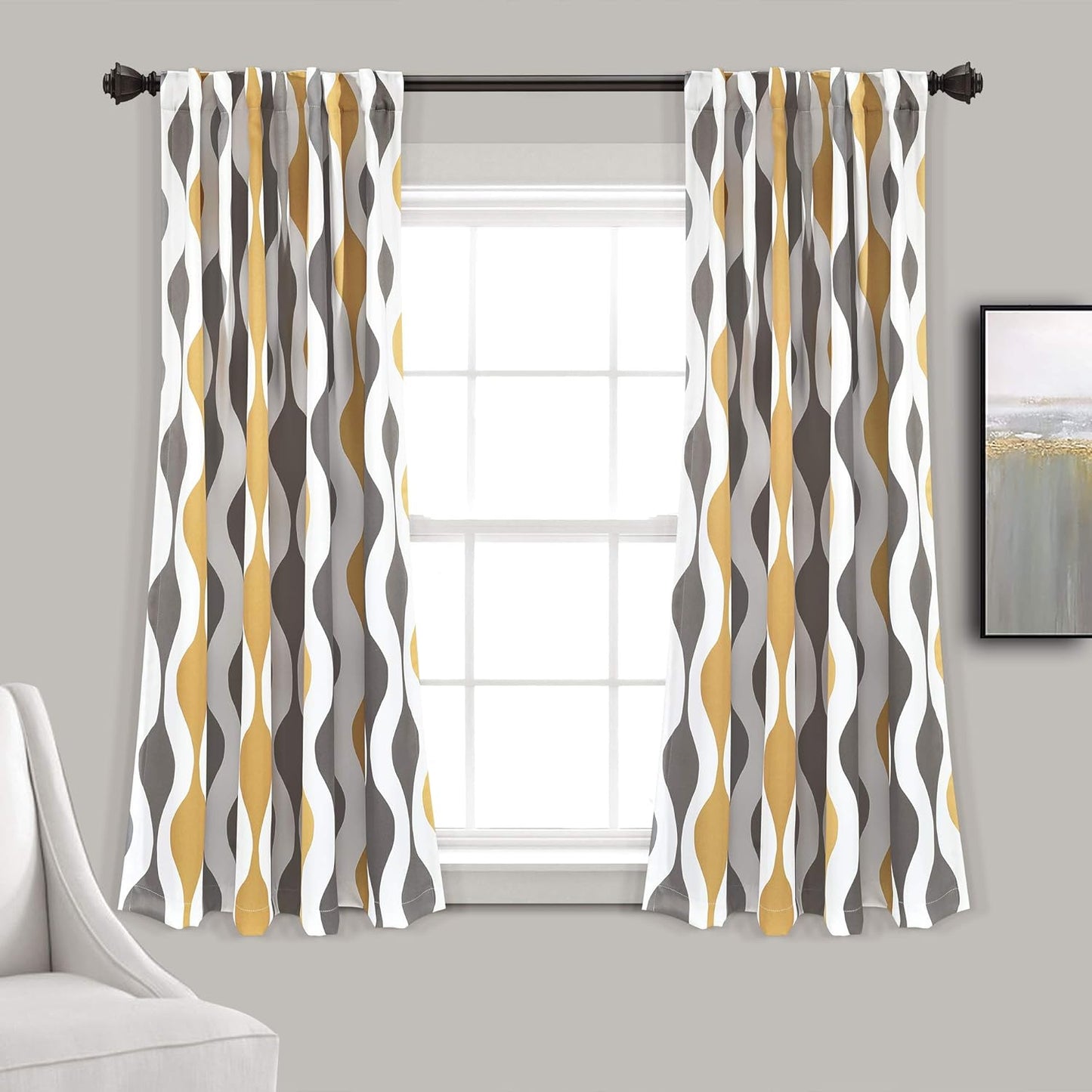 Luxurious Gold & Gray Geometric Curtains, 52x63, Light Filtering