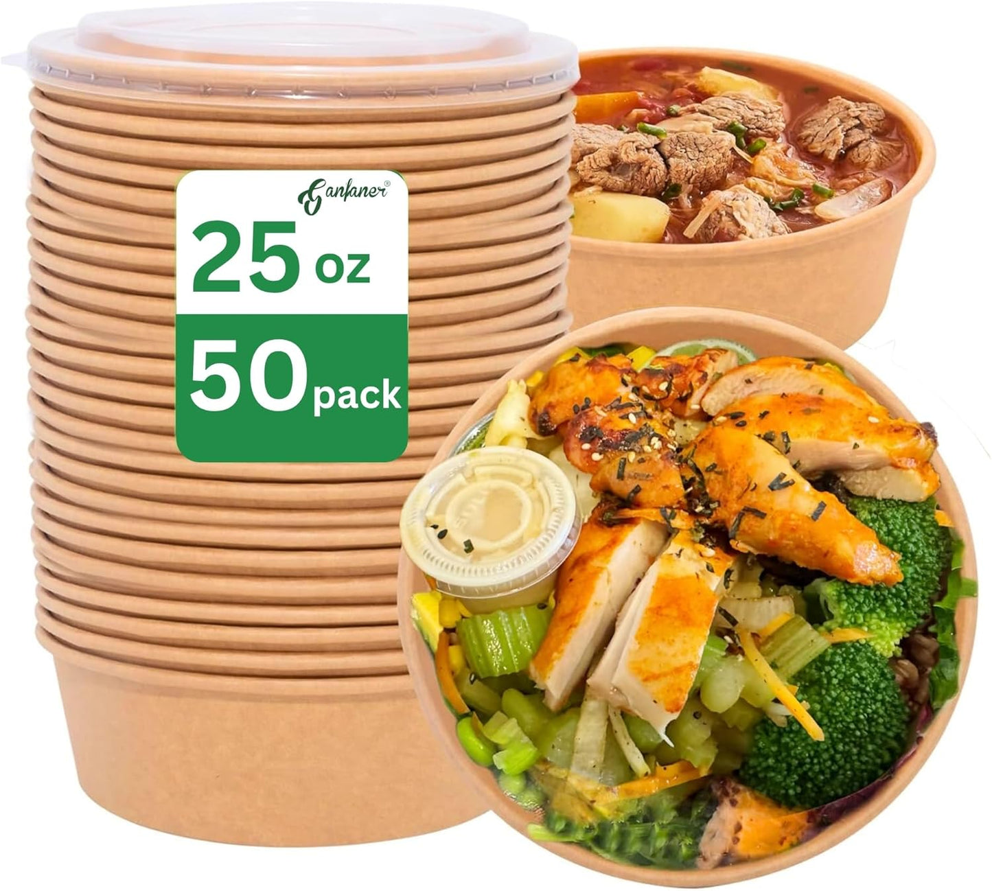 Ganfaner 50 Sets Disposable Kraft Paper Round Bowls with Lid