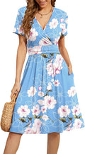 Women Summer Short Sleeve Floral V-Neck Dress with Pockets