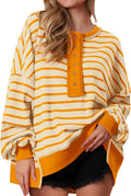 Striped Oversized Waffle Knit Henley Sweatshirt - Cozy Fall Staple