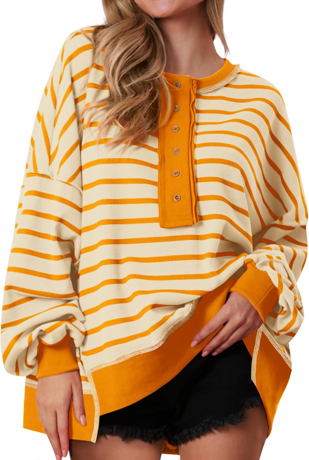 Oversized Striped Sweatshirt for Women - Cozy Waffle Knit Top
