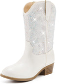 Girls Rhinestone Cowgirl Boots Mid Calf Pointed Toe Low Heel