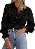 Long Sleeve Lace Blouse for Women - Sheer Ruffle Cuff Top
