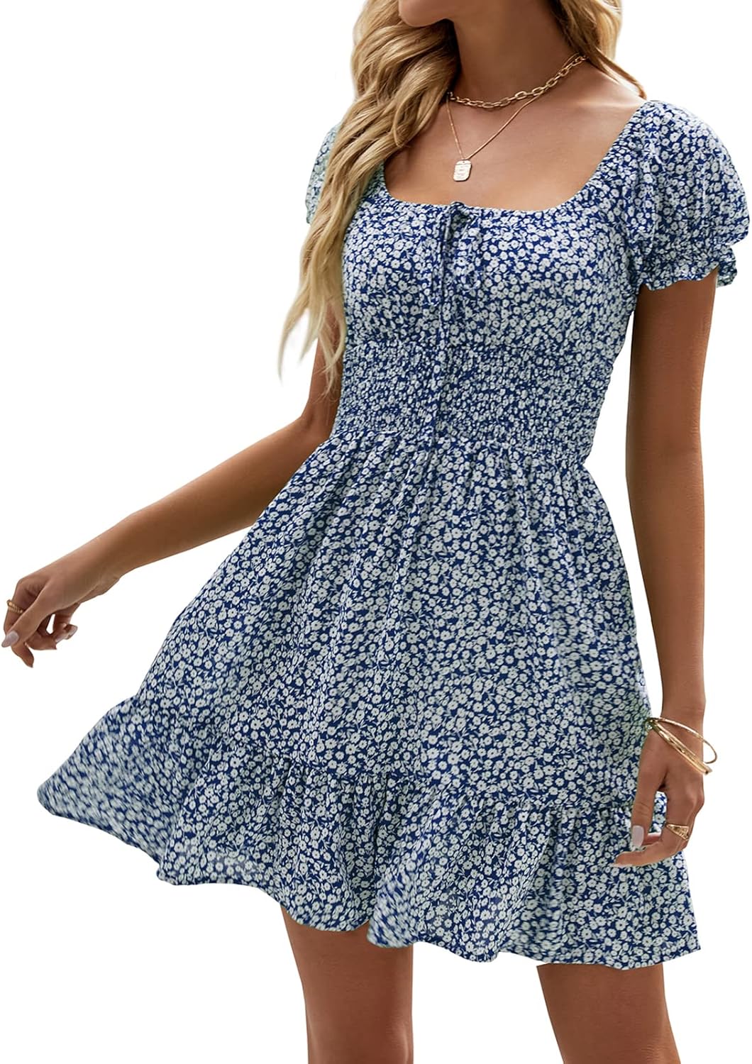Heysolo Womens Boho Floral Smocked Square Neck Mini Dress