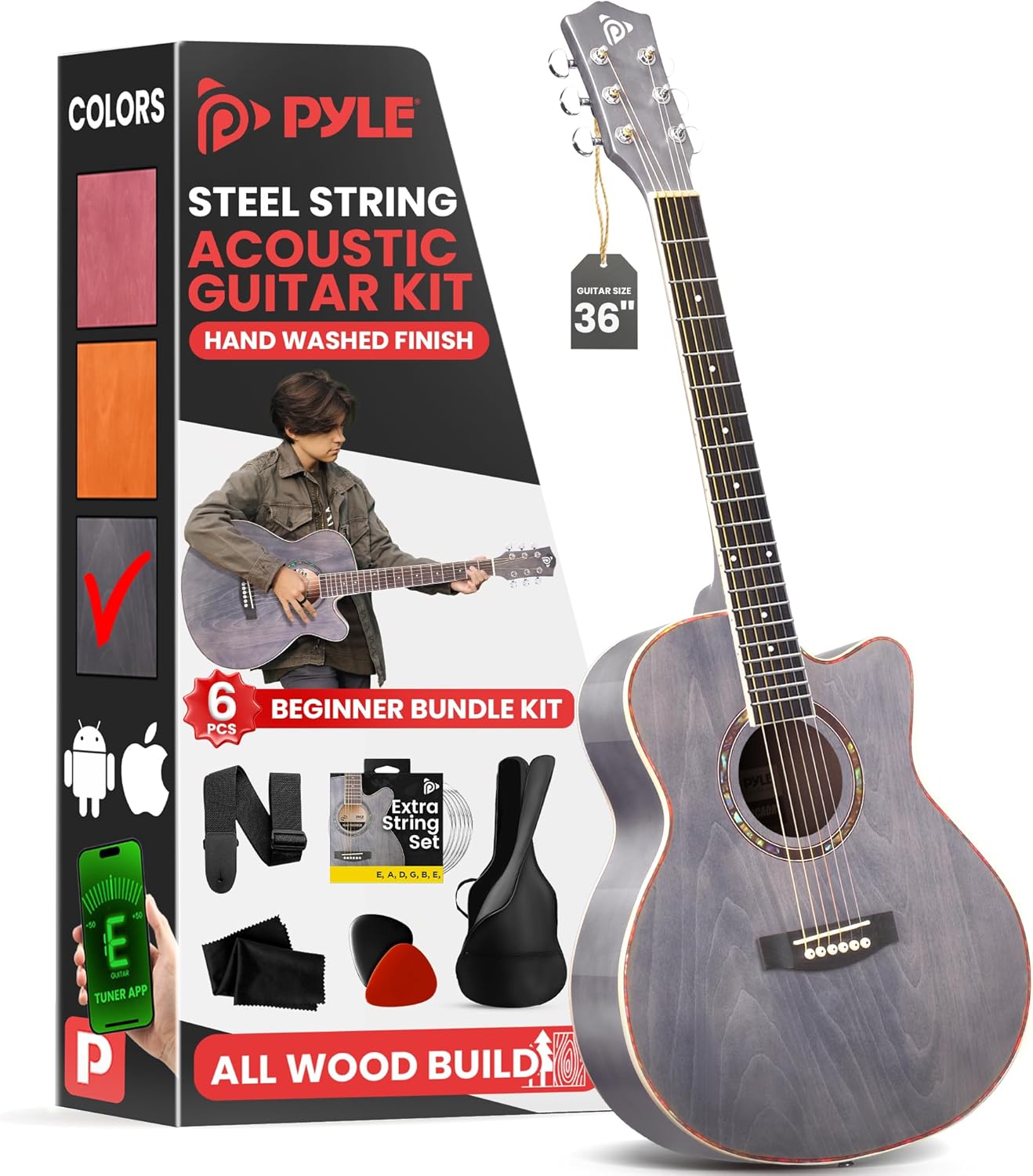 Pyle Acoustic Guitar Kit for Beginners - 36 Inch Dusk Gray