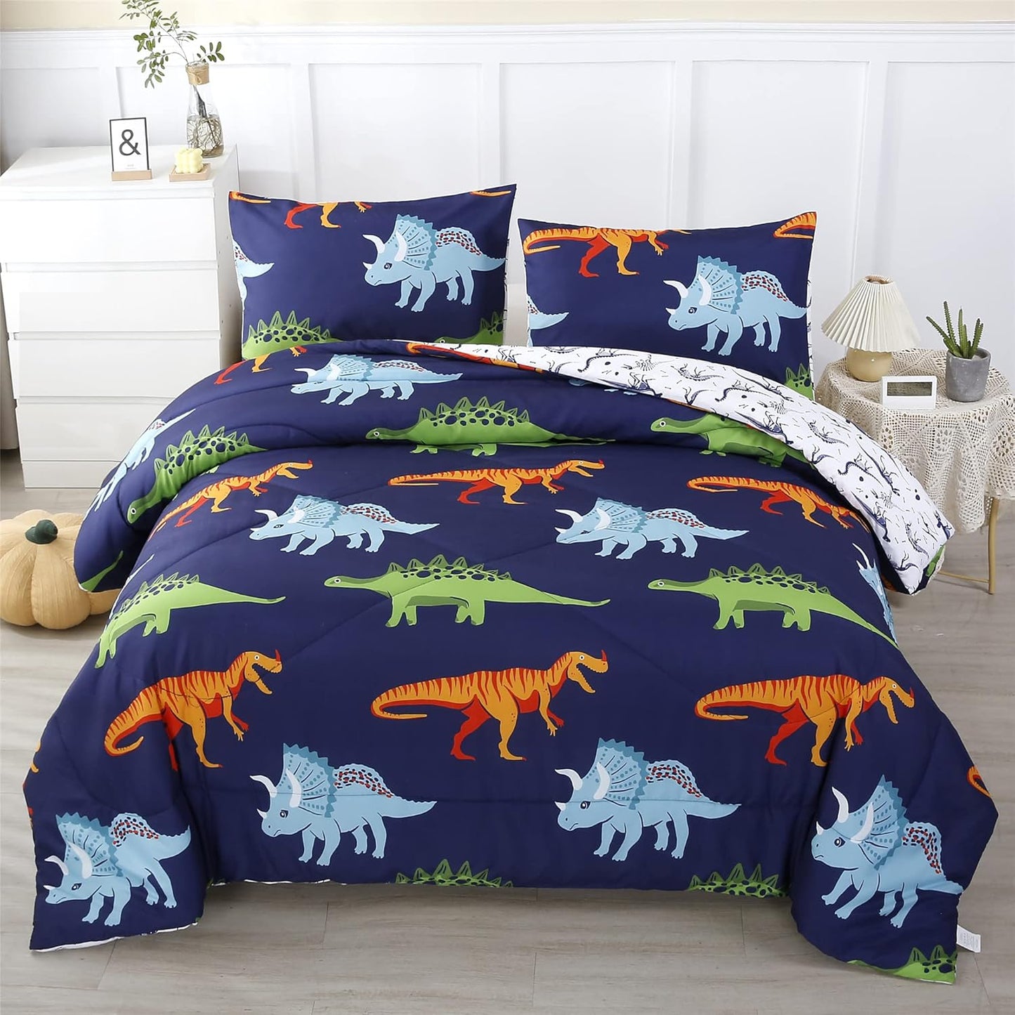 Dinosaur Print Comforter Set for Kids, Twin Size Bedding Set
