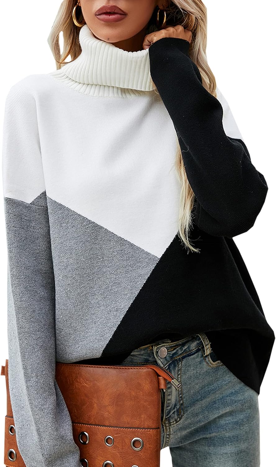 ECOWISH Women Fall Pullover Sweater Turtleneck Casual Knit