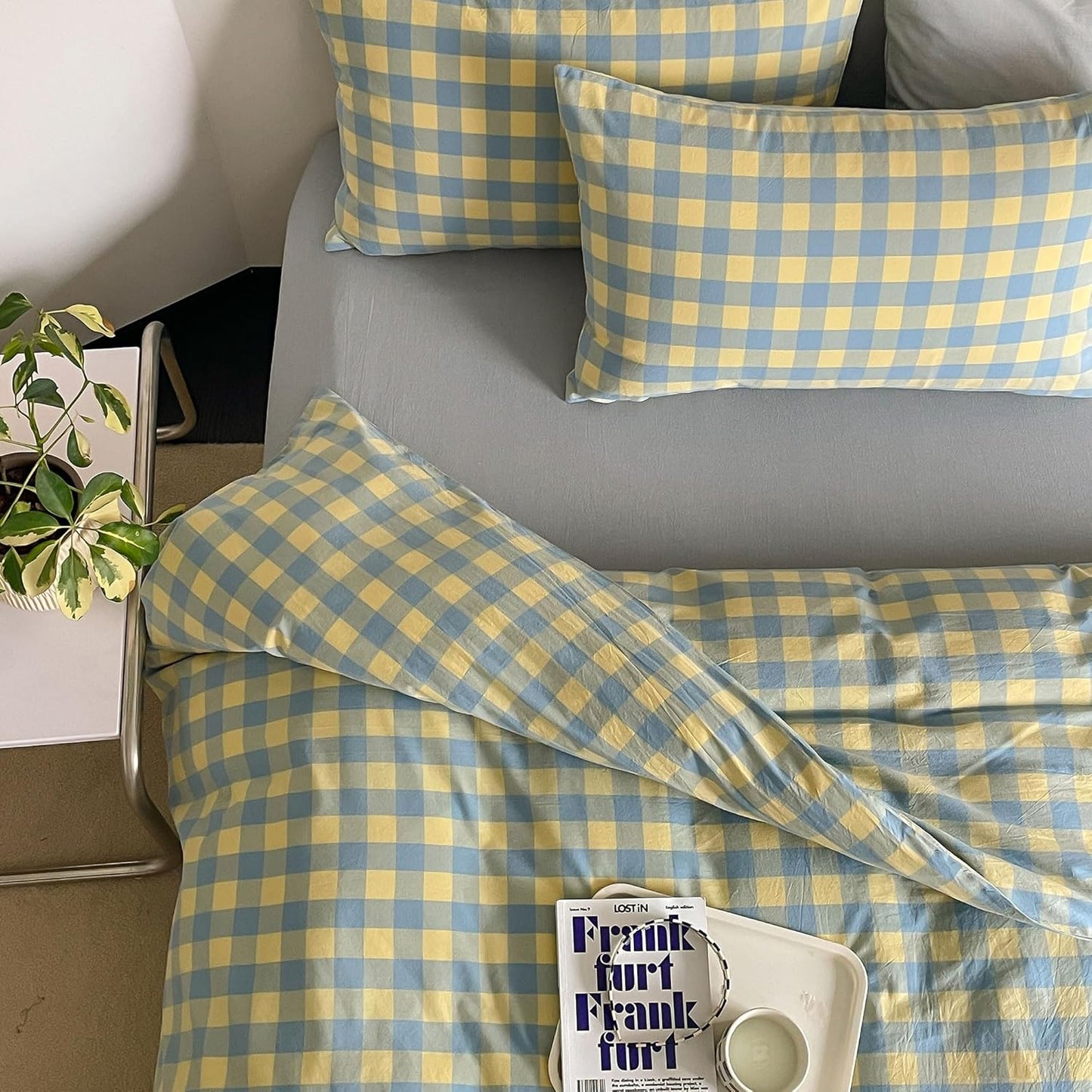 mixinni Yellow Blue Green Checkered Duvet Cover Set for Comfort