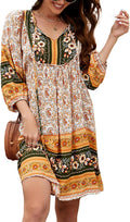 Qearal Womens Casual V Neck 3/4 Sleeve Boho Floral Mini (Style CQBB)