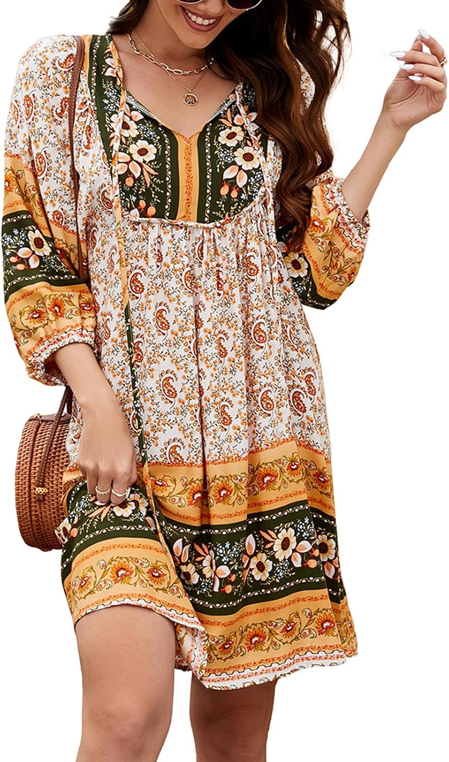 Qearal Womens Casual V Neck Boho Floral Mini Summer Dress