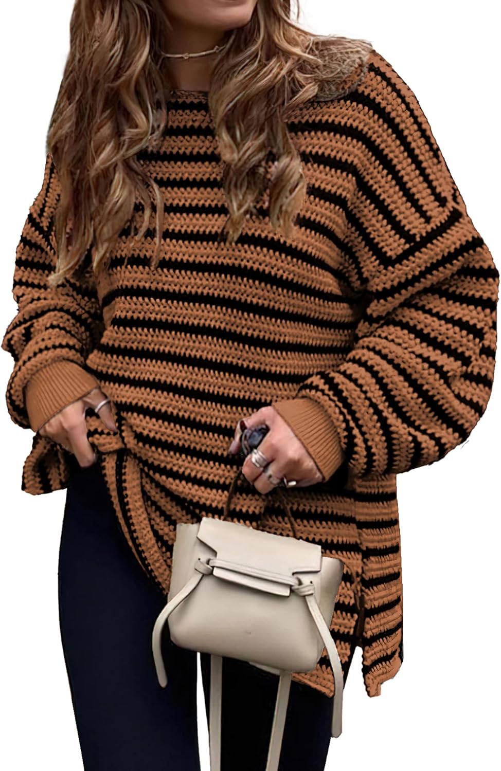 KIRUNDO Women's Oversized Long Sleeve Striped Sweater for Fall