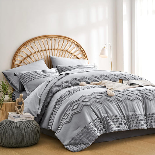 KAKIJUMN Grey 7-Piece Bohemian Geometric Tufted Comforter Set