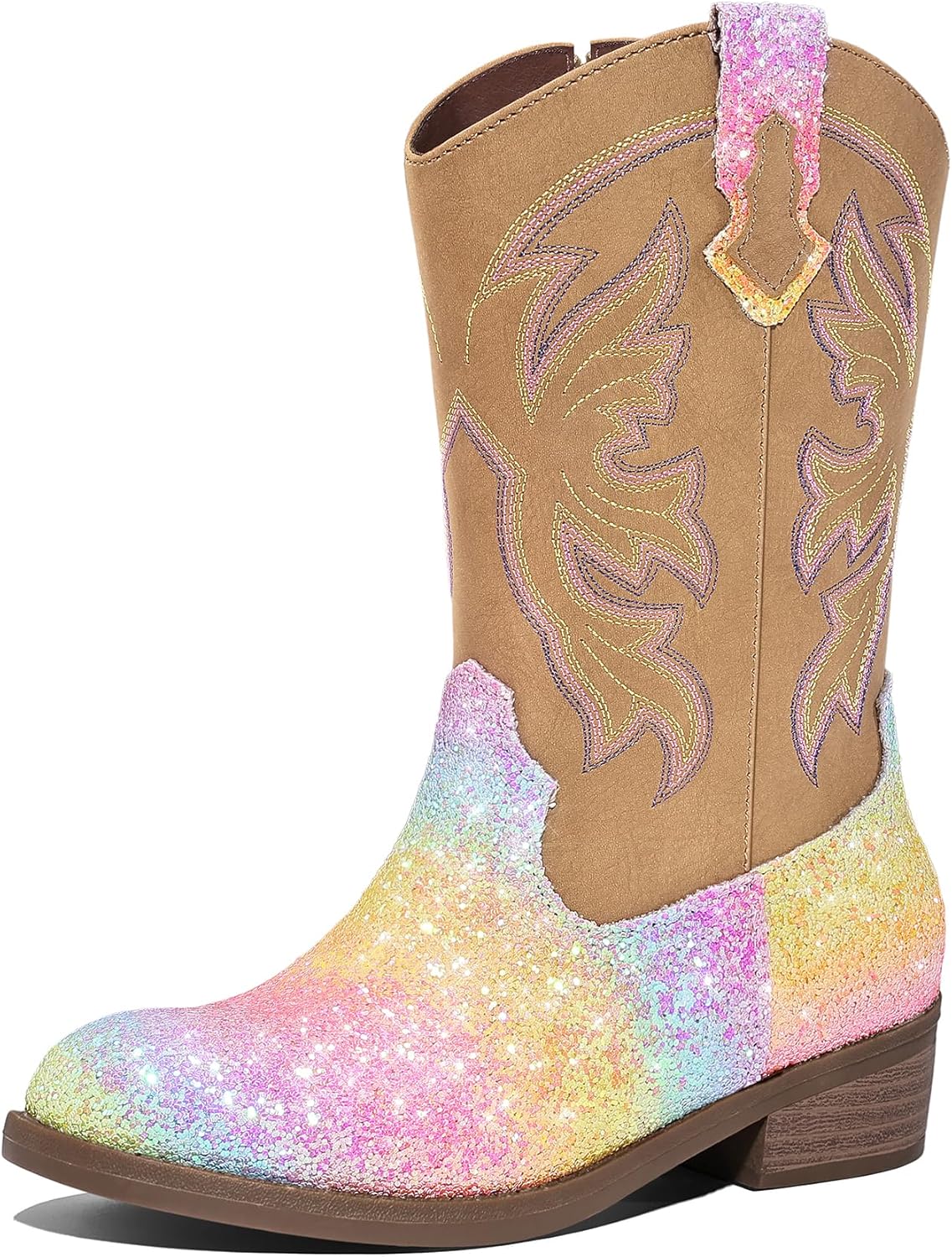 K KomForme Girls Cowgirl Boots Mid Calf Glitter Cowboy Style