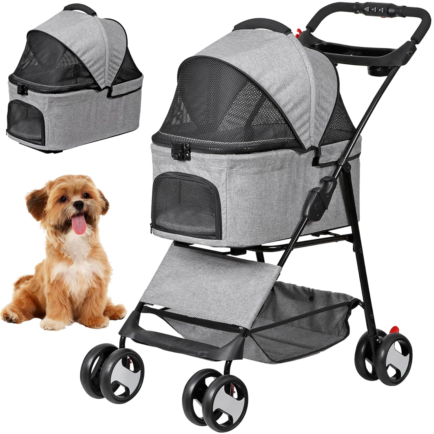 4 Wheels Dog Stroller with Detachable Carrier for Pets