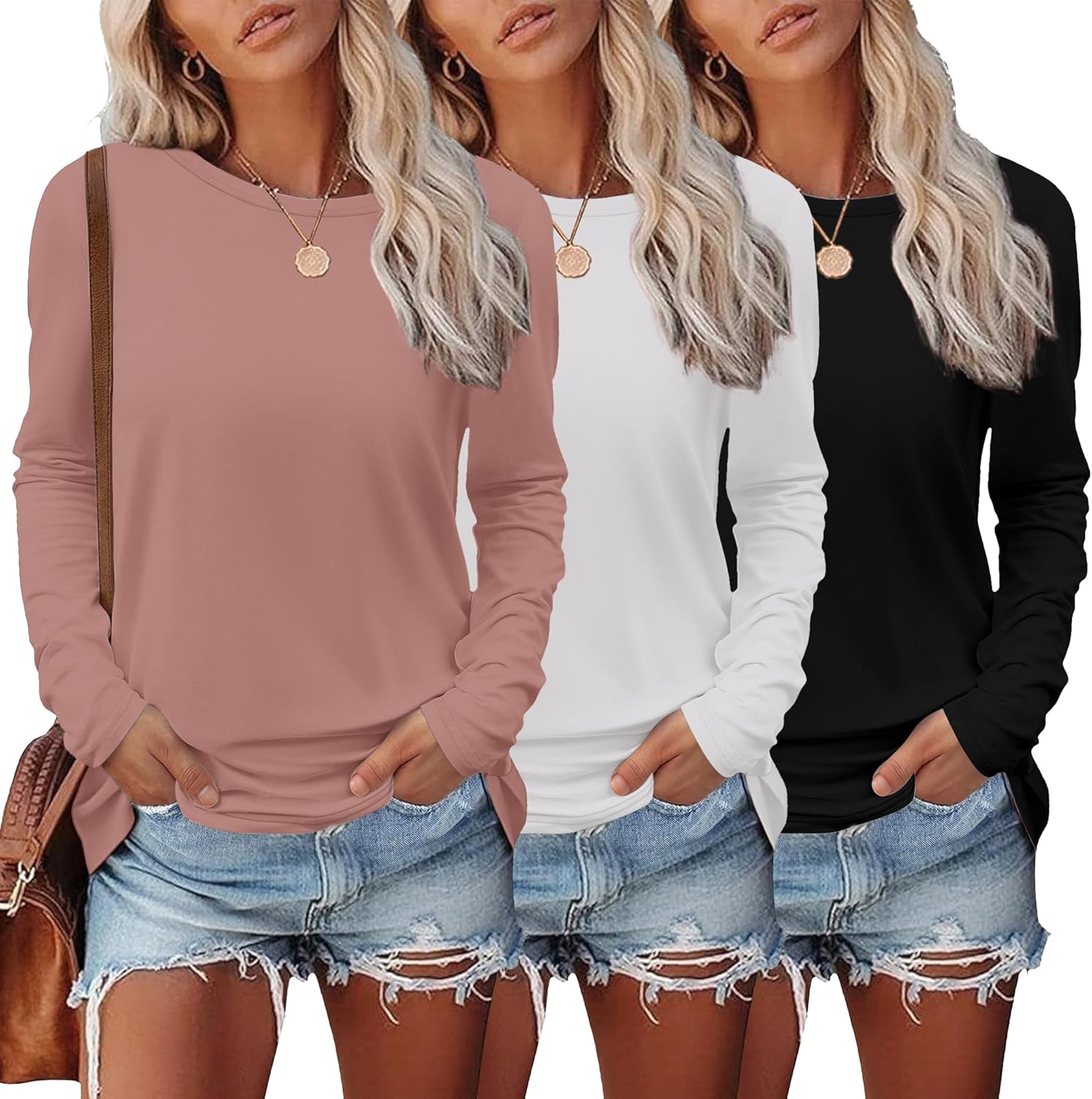Ekouaer Womens Long Sleeve Shirts 3 Pack Crew Neck Thermal Tops