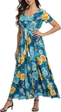 Women's Floral Print Maxi Dress Boho Button Up Split - Lightweight