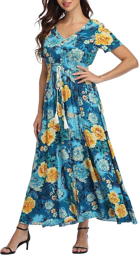 VintageClothing Women's Floral Print Maxi Dress for Beach Parties