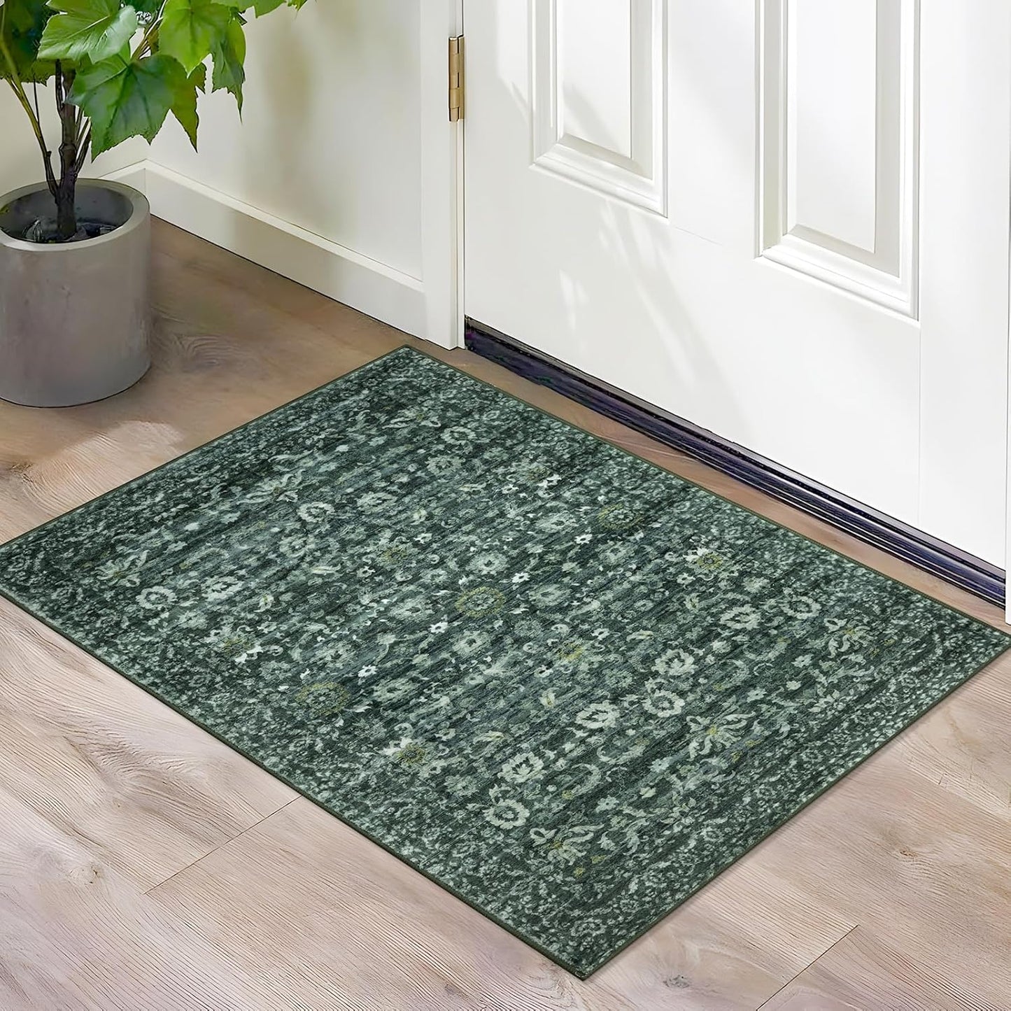 Lansny Vintage Washable Dark Green 2x3 Rug - Soft Non-Slip Accent Mat
