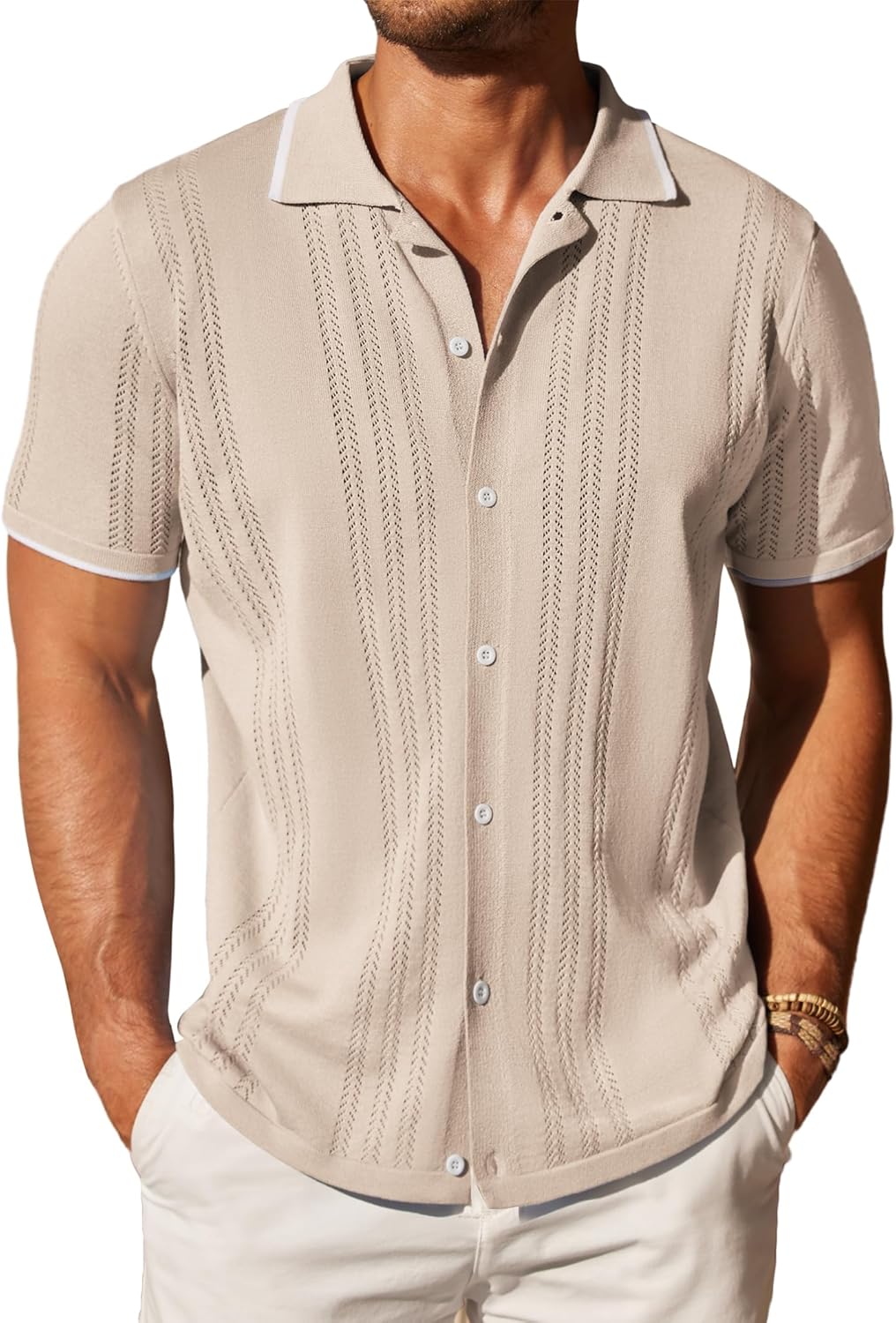 COOFANDY Men's Knit Button Down Shirt for Casual Beach Style