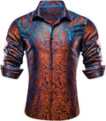 Men Paisley Silk Dress Shirt - 70s Disco Button Down Long Sleeve