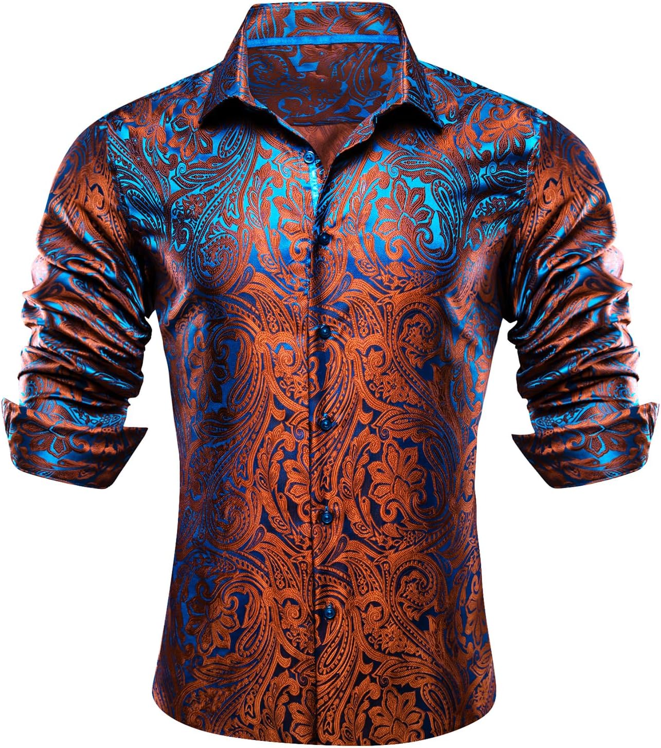 Barry.Wang Men Dress Shirts Paisley 70s Disco Silk Tops